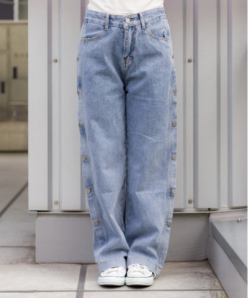 Vintage サイドボタン デザイン デニムパンツ 古着 SERACE】Vintage design curved denim pants / ヴィンテージ