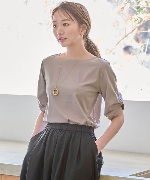 ANY(エニィ)の「【接触冷感】シルケットスムース タックスリーブトップス(Tシャツ/カットソー・レディース・ライトグリーン系/ベージュ系/ブルー系/ブラック系/アイボリー系/オールドローズ系・3/2)」の3枚目の写真