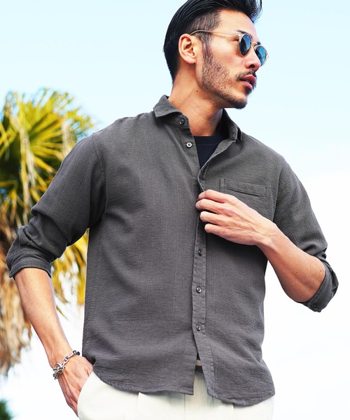 jiggys shop（ジギーズショップ）の「ストレッチ綿麻 7分袖 パナマリネンシャツ（シャツ/ブラウス・メンズ・ベージュ系その他/ブルー系その他/ホワイト系その他/グレー系その他/グレー系その他3/グレー系その他4/ブルー系その他2/ホワイト系その他2/ブルー系その他3/グレー系その他2・SMALL/MEDIUM/LARGE/X-LARGE）」の6枚目の写真