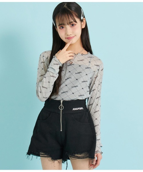 ANAP GｉRL（アナップガール）の「総ロゴシアートップス×キャミSETカットソー（シャツ/ブラウス・キッズ・ピンク/ブラック・XS/S/M）」の2枚目の写真