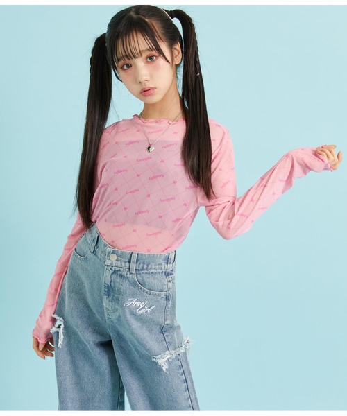 ANAP GｉRL（アナップガール）の「総ロゴシアートップス×キャミSETカットソー（シャツ/ブラウス・キッズ・ピンク/ブラック・XS/S/M）」の14枚目の写真