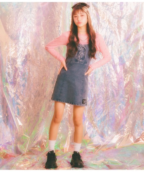 ANAP GｉRL（アナップガール）の「総ロゴシアートップス×キャミSETカットソー（シャツ/ブラウス・キッズ・ピンク/ブラック・XS/S/M）」の9枚目の写真