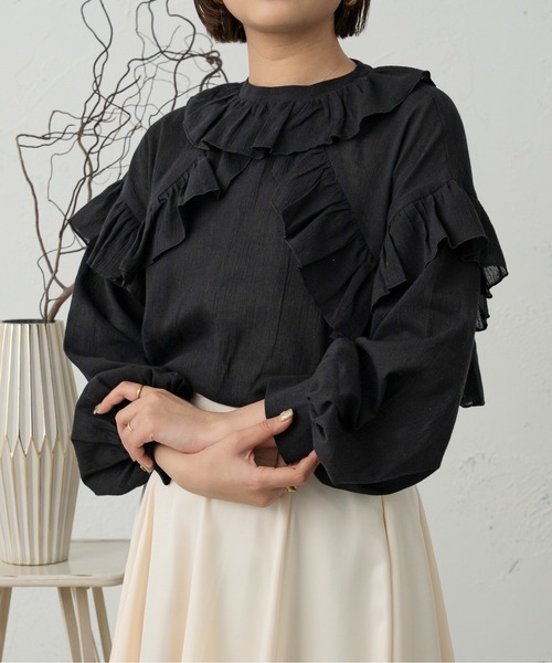 美品　NOBLE L'AUBE BLANC 24SS 楊柳フリル梯子刺繍ブラウス Noble（ノーブル）の「【NOBLE×L'AUBE BLANC】楊柳フリル梯子