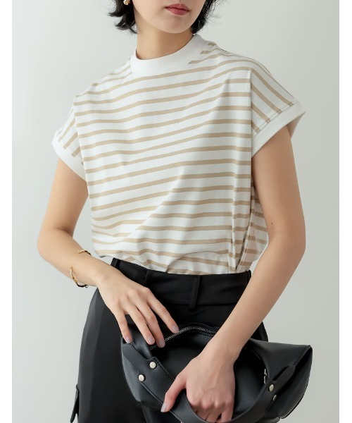 Re:EDIT(リエディ)の「モックネックフレンチスリーブボーダーTシャツ(Tシャツ/カットソー・レディース・ベージュ/ブラック/ネイビー・LARGE/MEDIUM)」の3枚目の写真
