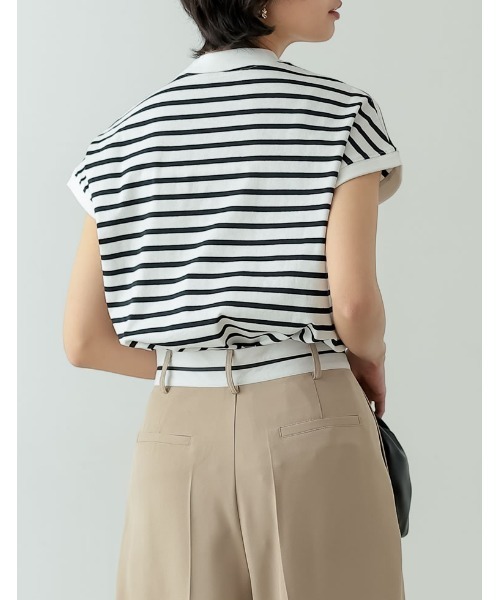 Re:EDIT(リエディ)の「モックネックフレンチスリーブボーダーTシャツ(Tシャツ/カットソー・レディース・ベージュ/ブラック/ネイビー・LARGE/MEDIUM)」の5枚目の写真