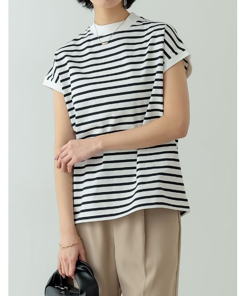 Re:EDIT(リエディ)の「モックネックフレンチスリーブボーダーTシャツ(Tシャツ/カットソー・レディース・ベージュ/ブラック/ネイビー・LARGE/MEDIUM)」の7枚目の写真