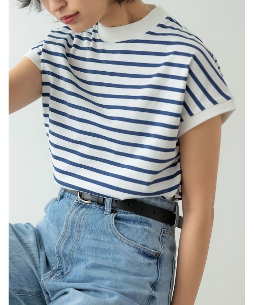 Re:EDIT(リエディ)の「モックネックフレンチスリーブボーダーTシャツ(Tシャツ/カットソー・レディース・ベージュ/ブラック/ネイビー・LARGE/MEDIUM)」の8枚目の写真