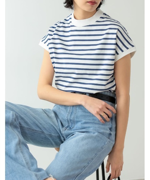 Re:EDIT(リエディ)の「モックネックフレンチスリーブボーダーTシャツ(Tシャツ/カットソー・レディース・ベージュ/ブラック/ネイビー・LARGE/MEDIUM)」の9枚目の写真