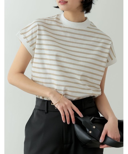 Re:EDIT(リエディ)の「モックネックフレンチスリーブボーダーTシャツ(Tシャツ/カットソー・レディース・ベージュ/ブラック/ネイビー・LARGE/MEDIUM)」の12枚目の写真