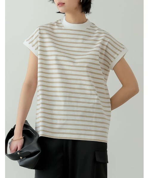 モックネックフレンチスリーブボーダーTシャツ（Tシャツ/カットソー