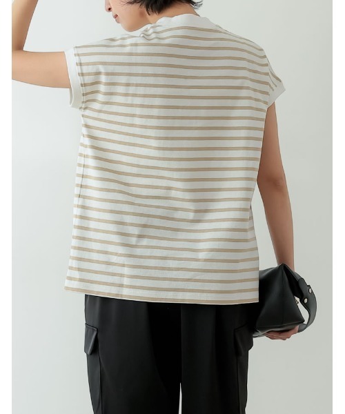 Re:EDIT(リエディ)の「モックネックフレンチスリーブボーダーTシャツ(Tシャツ/カットソー・レディース・ベージュ/ブラック/ネイビー・LARGE/MEDIUM)」の14枚目の写真