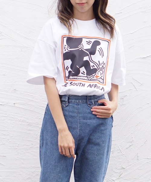 愛*ん様 80s キースヘリング　FREE SOUTH AFRICA Tシャツ 80年代 80s キースへリング アメリカ製 イラスト 白 ホワイト