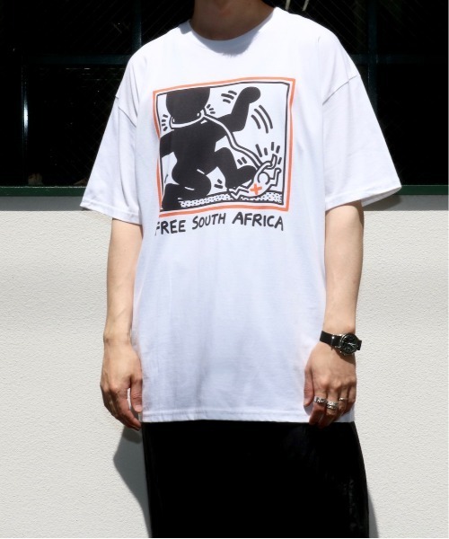 愛*ん様 80s キースヘリング　FREE SOUTH AFRICA Tシャツ 80s キースヘリングFREE SOUTH AFRICA Tシャツ L