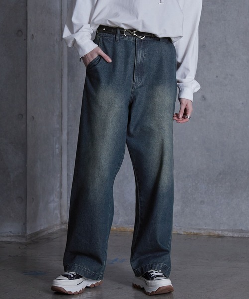イミテーションデニム ワイドレッグ ルーズ パンツ ゆったり SERACE】Loose silhouette vintage denim wide pants / ルーズ