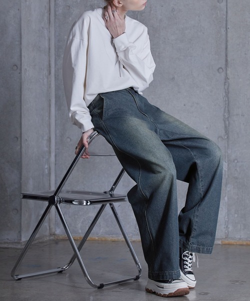 イミテーションデニム ワイドレッグ ルーズ パンツ ゆったり SERACE】Loose silhouette vintage denim wide pants / ルーズ