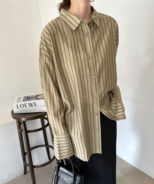 andme（アンドミー）の「オーバーサイズサテンストライプシャツブラウス（シャツ/ブラウス・レディース・アイボリー/ベージュ/グリーン・FREE）」の13枚目の写真