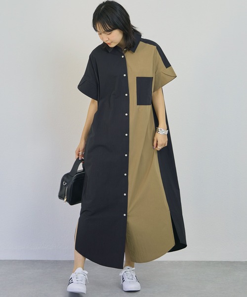 LAVEANGE(ラビアンジェ)の「バイカラーシャツワンピース(シャツワンピース・レディース・ネイビー/カーキ/ブラック・3L/LL/M/5L/4L)」の4枚目の写真