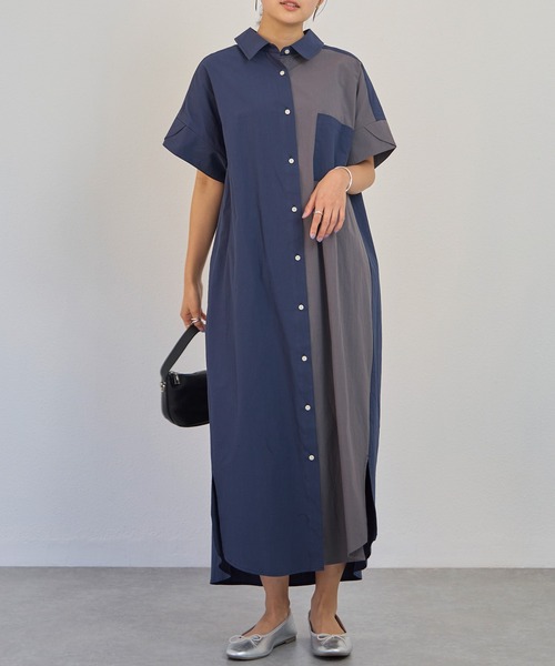 LAVEANGE(ラビアンジェ)の「バイカラーシャツワンピース(シャツワンピース・レディース・ネイビー/カーキ/ブラック・3L/LL/M/5L/4L)」の16枚目の写真