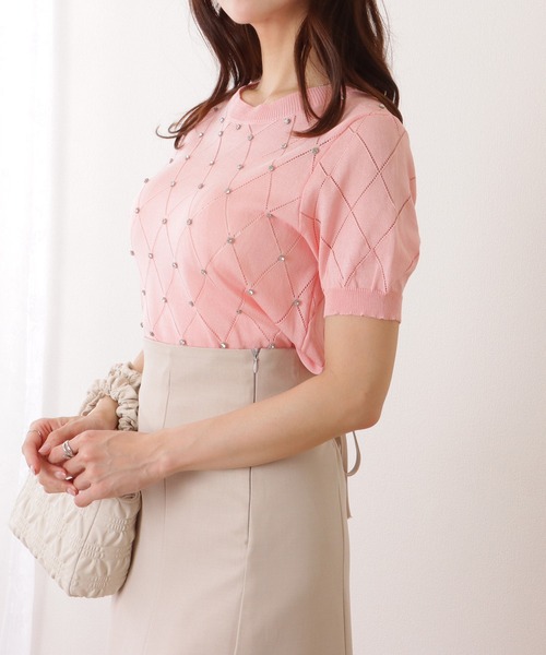 Lace Ladies(レースレディース)の「ラインストーン付 ダイヤ メッシュ 半袖 ニット トップス(ニット/セーター・レディース・ホワイト/ピンク/ブラック/アイボリー・FREE)」の14枚目の写真