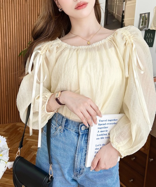 セール】ショルダーシャーリングリボンオフショルブラウス（シャツ