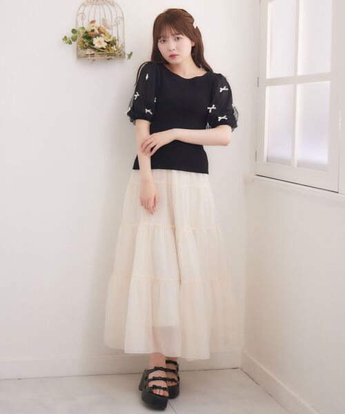 再入荷 チュール ピンク  ニット コンビ ブラック 透かし編みボーダーニットスカート 49AV JUNKO SHIMADA｜クロス