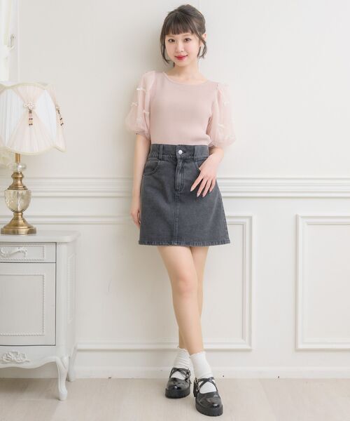 再入荷 チュール ピンク  ニット コンビ ブラック チュールチェック刺しゅう コンビニット(トップス)｜TO BE CHIC