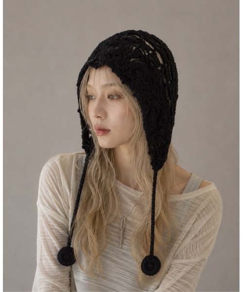 HIKA(ヒカ)の「【HIKA】カギ編みサイドストラップニットCAP(ニットキャップ/ビーニー・レディース・ブラック/ホワイト/ベージュ・FREE)」の10枚目の写真