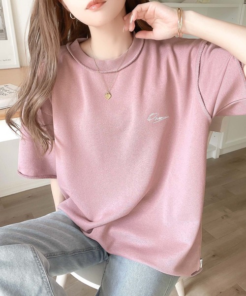 classicalelf(クラシカルエルフ)の「袖口くるりん。ワンポイント刺繍ハーフスリーブ裏毛 オーバーサイズ Tシャツ(Tシャツ/カットソー・レディース・グレイッシュベージュ/ピンク/オートミール/サックスブルー/ブラック/ホワイト・SMALL/MEDIUM/LARGE/X-LARGE)」の6枚目の写真