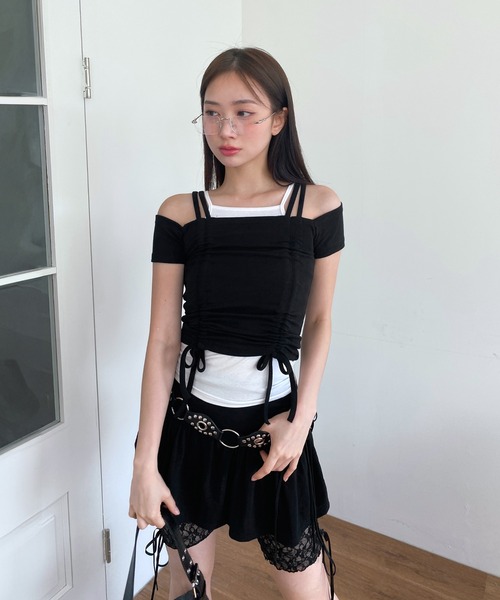 by muni:r(バイ ムニール)の「ダブルストラップシャーリング半袖Tシャツ(Tシャツ/カットソー・レディース・ピンク/グレー/アイボリー/ブラック・FREE)」の15枚目の写真