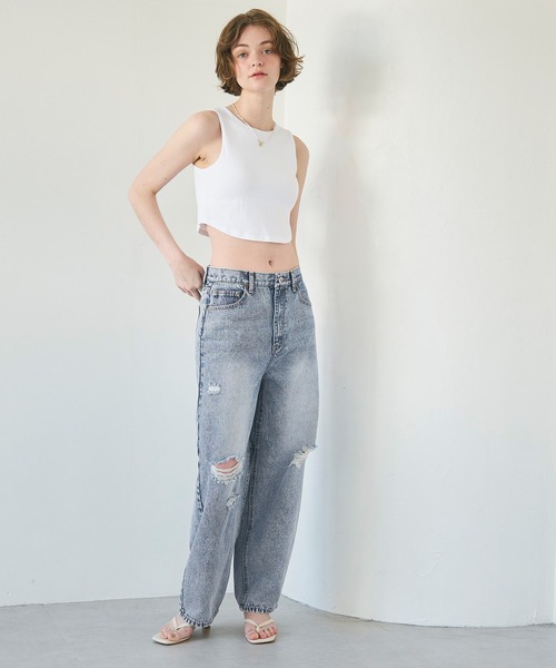 coca（coca）（コカ）の「ダメージ加工カーブデニム（デニムパンツ・レディース・ブルー/ライトブルー・S/M/L）」の4枚目の写真