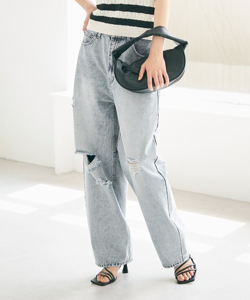 coca（coca）（コカ）の「ダメージ加工カーブデニム（デニムパンツ・レディース・ブルー/ライトブルー・S/M/L）」の10枚目の写真