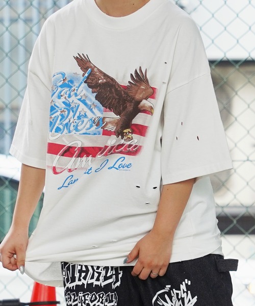 unisex】ダメージ バイオウォッシュ加工 Tシャツ / オーバー
