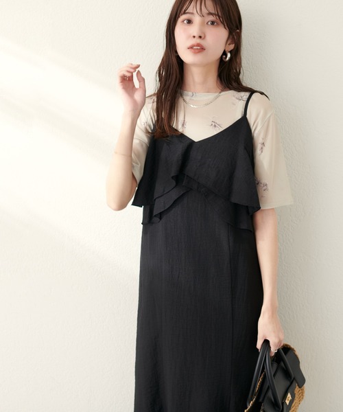 natural couture（ナチュラルクチュール）の「綿麻シアーWフリルキャミワンピース（ワンピース・レディース・チャコールグレー/ブラック/ライトベージュ/レンガ・LARGE/MEDIUM）」の9枚目の写真