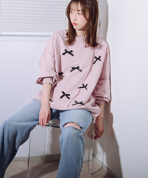 favclo.(ファブクロ)の「damage ribbon sweat / ダメージリボンスウェット(スウェット・レディース・オフホワイト/ライトグレー/ピンク・FREE)」の10枚目の写真