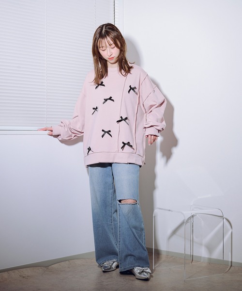favclo.(ファブクロ)の「damage ribbon sweat / ダメージリボンスウェット(スウェット・レディース・オフホワイト/ライトグレー/ピンク・FREE)」の7枚目の写真