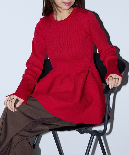 MAISON BREEZE reveur（メゾンブリーズレヴール）の「【MAISON BREEZE reveur】Tunic peplum rib knit tops（ニット/セーター・レディース・オフホワイト/ブラック/レッド・FREE）」の4枚目の写真