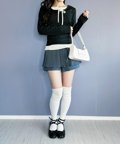 Silly(シリー)の「【韓国ファッションに◎】フリルリボンレイヤードカットソー(Tシャツ/カットソー・レディース・ブラック/グレー・SMALL/MEDIUM/LARGE)」の4枚目の写真