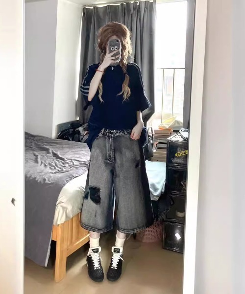 セール】ダメージ クラッシュ ハーフ デニム パンツ（デニムパンツ