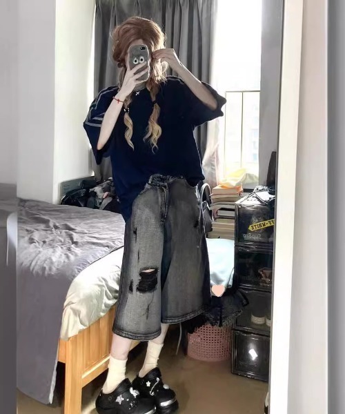 DEVICE(デバイス)の「ダメージ クラッシュ ハーフ デニム パンツ(デニムパンツ・メンズ・ブラック・FREE)」の5枚目の写真