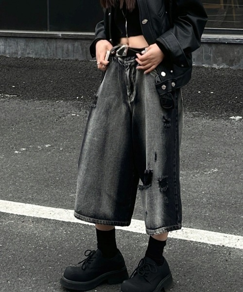 セール】ダメージ クラッシュ ハーフ デニム パンツ（デニムパンツ