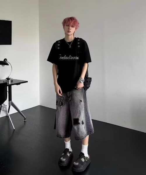 セール】ダメージ クラッシュ ハーフ デニム パンツ（デニムパンツ