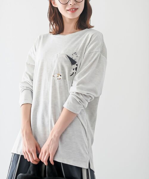 rps(アールピーエス)の「ポケットキャットワッフル切替Tシャツ(Tシャツ/カットソー・レディース・オートミール/マスタード/オフホワイト/チャコールグレー/杢グレー・フリー)」の1枚目の写真