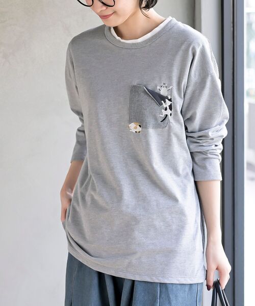 rps(アールピーエス)の「ポケットキャットワッフル切替Tシャツ(Tシャツ/カットソー・レディース・オートミール/マスタード/オフホワイト/チャコールグレー/杢グレー・フリー)」の4枚目の写真