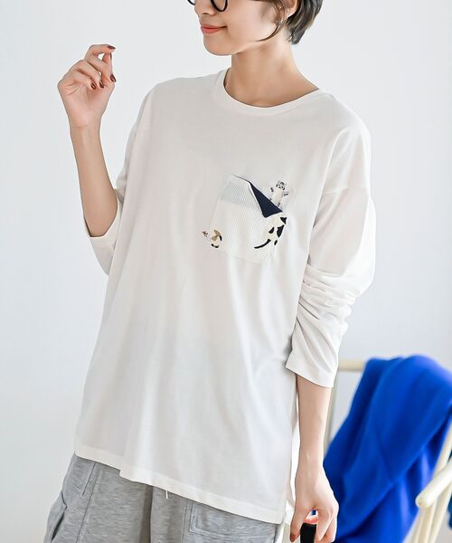 rps(アールピーエス)の「ポケットキャットワッフル切替Tシャツ(Tシャツ/カットソー・レディース・オートミール/マスタード/オフホワイト/チャコールグレー/杢グレー・フリー)」の2枚目の写真