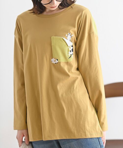 rps(アールピーエス)の「ポケットキャットワッフル切替Tシャツ(Tシャツ/カットソー・レディース・オートミール/マスタード/オフホワイト/チャコールグレー/杢グレー・フリー)」の5枚目の写真