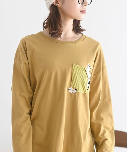 rps(アールピーエス)の「ポケットキャットワッフル切替Tシャツ(Tシャツ/カットソー・レディース・オートミール/マスタード/オフホワイト/チャコールグレー/杢グレー・フリー)」の11枚目の写真