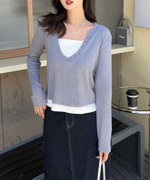 aimoha | ボタン付きVネックレイヤードリブトップス(Tシャツ/カットソー)