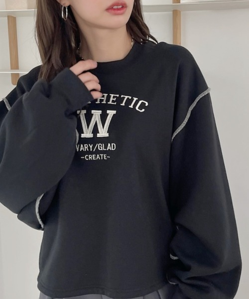 TREOVER（トレオーバー）の「配色ステッチ・刺繍ロゴ 裏起毛BIGプルオーバー（スウェット・レディース・ダークブラウン/レッド/アイボリー/ブラック・FREE）」の6枚目の写真