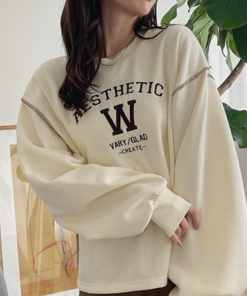 TREOVER（トレオーバー）の「配色ステッチ・刺繍ロゴ 裏起毛BIGプルオーバー（スウェット・レディース・ダークブラウン/レッド/アイボリー/ブラック・FREE）」の14枚目の写真