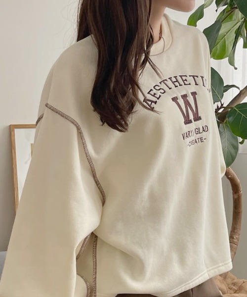 TREOVER（トレオーバー）の「配色ステッチ・刺繍ロゴ 裏起毛BIGプルオーバー（スウェット・レディース・ダークブラウン/レッド/アイボリー/ブラック・FREE）」の16枚目の写真